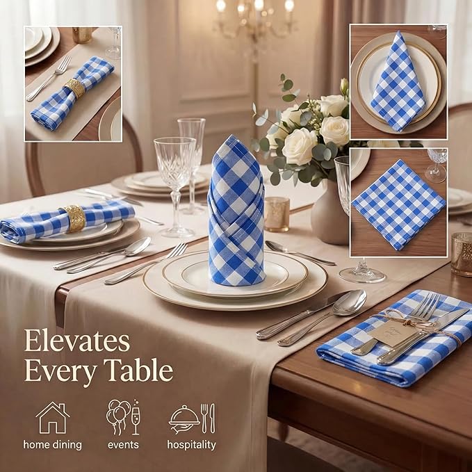 Urban Villa Cloth Napkins 100% Cotton Dinner Napkins Highly Absorbent 20x20 Inches (Set of 12) Blue White Buffalo Checks Reusable Washable Soft Durable Premium Napkins Ideal for Home Wedding Parties