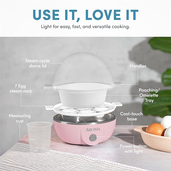 AROMA® Overly Easy Egg Cooker, Steamer, and Electric Egg Poacher | XL Capacity Egg Steamer Fits 7 Eggs