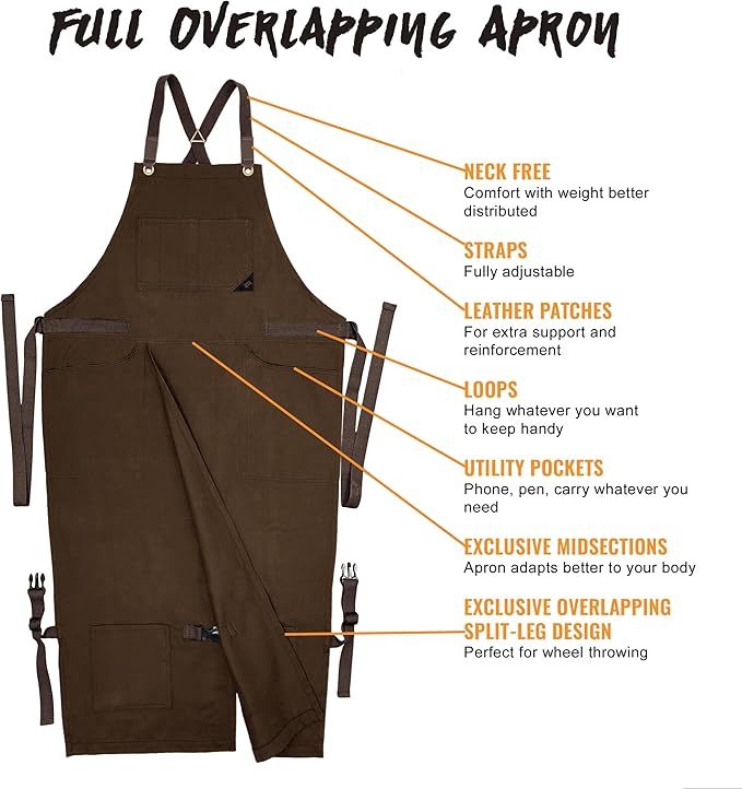 Under NY Sky Pottery Brown Apron - Full Cover Cross-Back, Professional Twill, Leather Reinforcement, Overlapping Split-Leg - Adjustable for Men, Women - Pottery Artist, Ceramics