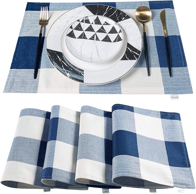 Blue Placemats Set of 4, Linen Buffalo Plaid Double Layer Spring Placemats Check Kitchen Table Mats,Waterproof Heat Resistant Durable Cloth Washable Placemats 12 x 18 Inches