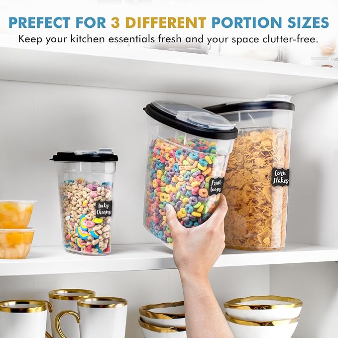 Shazo 3 PC Cereal Container Storage Set (5.2L, 2.8L, 1.2L) - Large Airtight Food Storage Containers with Flip-Top Lids, BPA-Free Plastic Cereal Dispenser for Pantry, Rice, Flour, Sugar & Pasta
