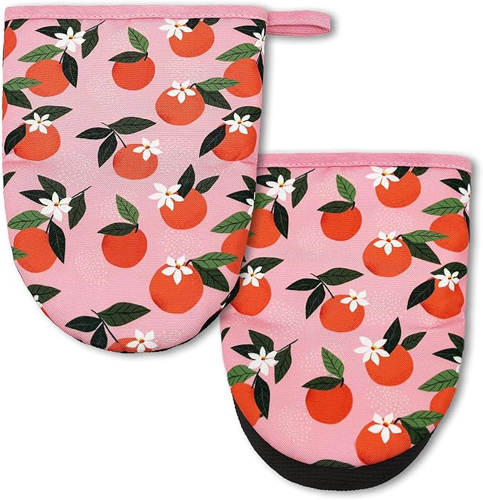 Orange Mini Silicone Oven Mitts 2-Pack Set, Heat Slip Resistant Kitchen Gloves, Soft Short Oven Mittens for Safe Cooking Baking Grilling