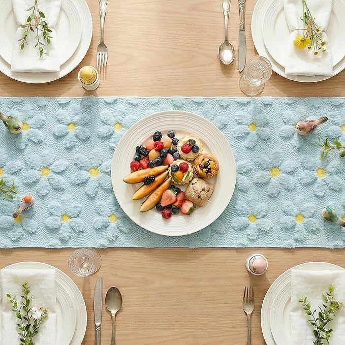 Artoid Mode Blue Soft Plush Faux Fur Jacquard Embroidery Daisy Spring Table Runner, Kitchen Dining Table Decoration for Home Party Decor 13x60 Inch