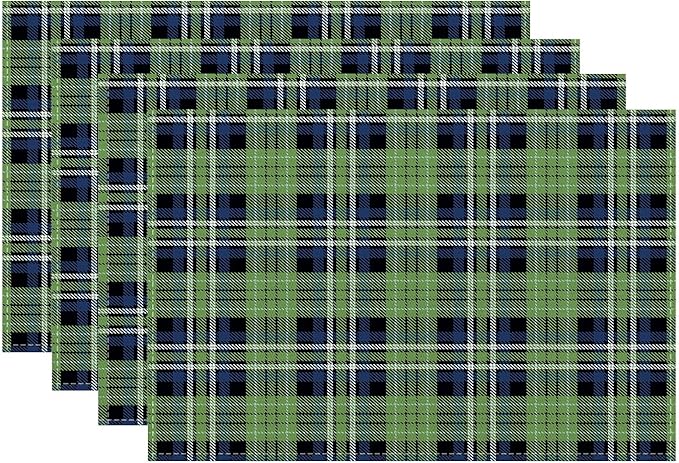 Spring Place mats Set of 4 12x18 Inches,Blue Green Buffalo Plaid Decorative Placemats Rectangle Summer Linen Table Mats for Party Home Kitchen Dining Table Decoration