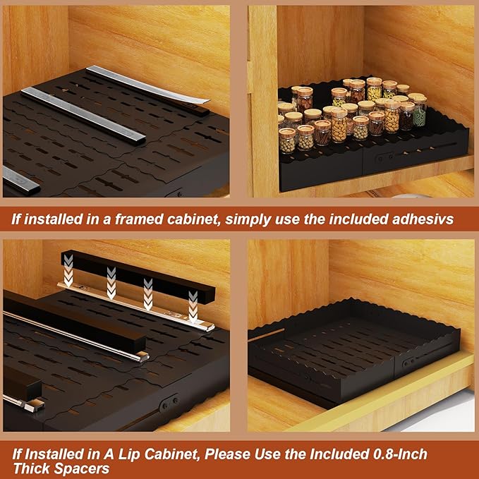 Expandable Pull Out Cabinet Organizer - Adjustable Width 12-18" & Depth 13-23", 3-Rail Heavy Duty Slide Out Drawer, No-Drills Adhesive Mount, Fits Lip & Lip-Free Cabinets(Black)