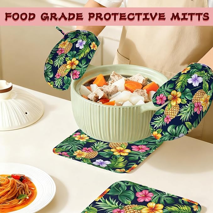Pineapple Heat-Resistant Silicone Oven Mitts and Pot Holders,Hawaiian Tropical Palm Leave Flower Long Oven Gloves with Non-Slip Grip for Cooking, Baking, Grilling,BBQ