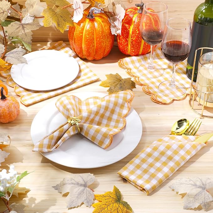SmoothNovelty 12 Pack Buffalo Plaid Cloth Napkins 18x18 Inch Spring Checkered Cloth Napkins Scalloped Soft Cotton Table Mat Washable Reusable for Dinner Wedding Birthday Parties (Classic,Orange)