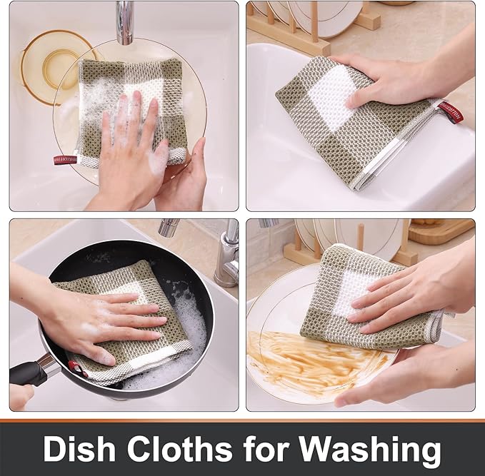 Mordimy 100% Cotton Waffle Weave Plaid Dish Cloths, 12 x 12 Inches, Super Soft and Absorbent Quick Drying Buffalo Check Dish Rags for Kitchen, 12-Pack, Khaki & White