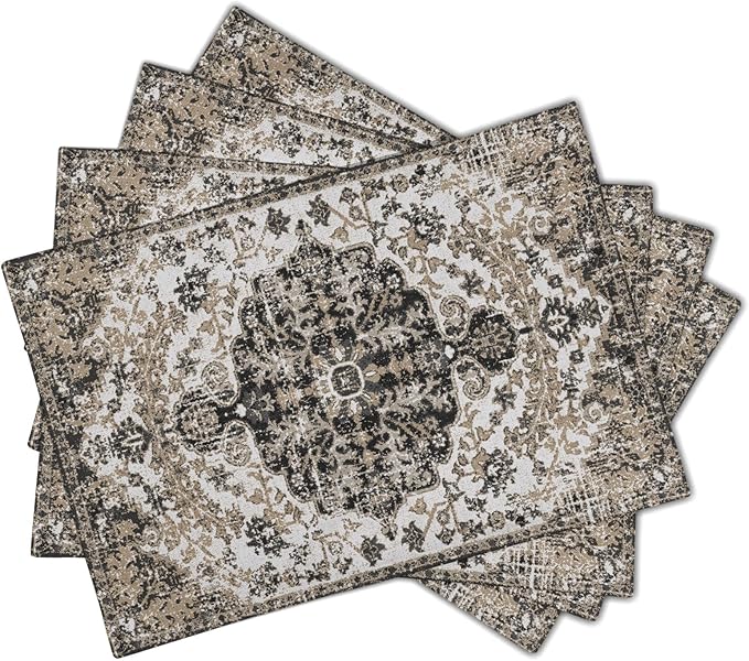 Ethnic Boho Placemats Set of 4 Bohemian Carpet Vintage Gray Floral Linen Washable Kitchen Dining Southwestern Table Mats Stain Heat-Resistant Desktop Decor Place Mats for Home Party Indoor 12x18 in