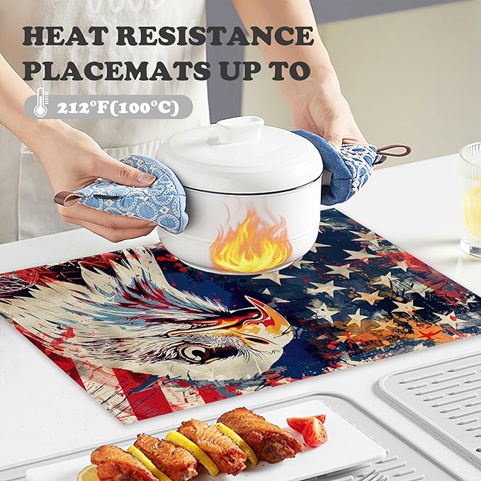 American Flag Placemats Set of 6,Bald Eagle Heat Resistant Table Mats Washable Place Mats for Party Kitchen Farmhouse Home Dining Holiday Decor 12x18 Inch