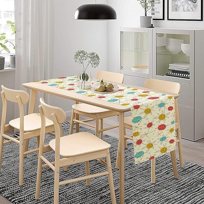 Mid Century Table Runner Retro Abstract Boho Geometric Atomic Starbursts Art Printed Dinner Runner for Home Kitchen Dining Table Decor Fabric 1 Panel W13xL70in