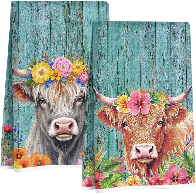 2 Pcs Cow Kitchen Towels, Rustic Flower Soft Absorbent Hand Tea Towel, Microfiber Dish Cloths for Drying Dishes, Waffle Dish Towels for Kitchen Bathroom Decor, Cow Gifts for Women
