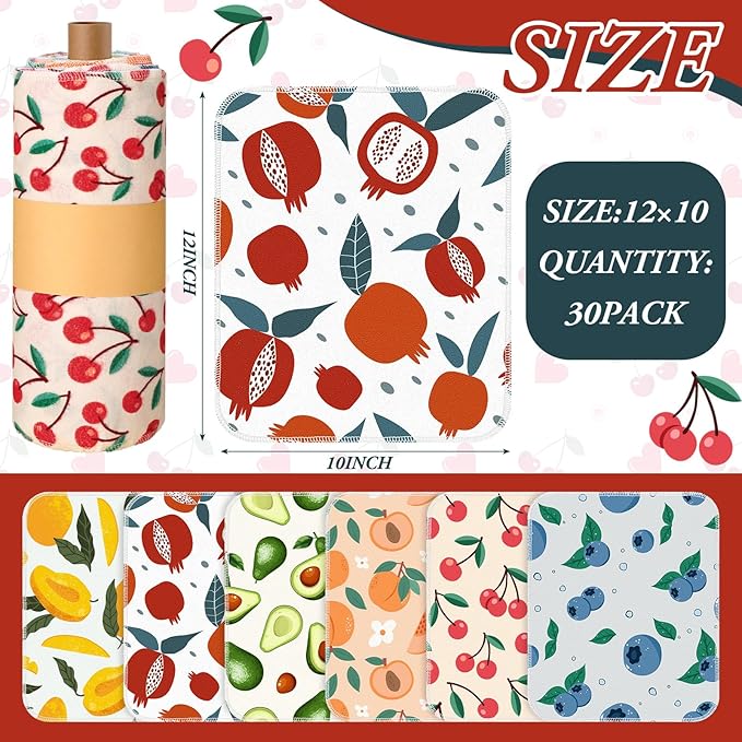 Redbaker 30 Pcs Reusable Paper Towels Rolls Towels Bulk Kitchen Washable Paperless Cloth Cotton Hand Napkins with Cardboard Reusable Napkins for Kitchen Bathroom (Fruit Design)