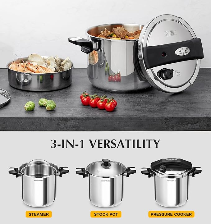 KOCH SYSTEME CS Stainless Steel Pressure Cooker 8.5 Quart, 3-in-1 Olla de Presion, One-Hand Locking, 3 PSI Settings Stovetop Pressure Cookers, induction Pressure Cooker, Glass Lid & Steamer, 8.5QT
