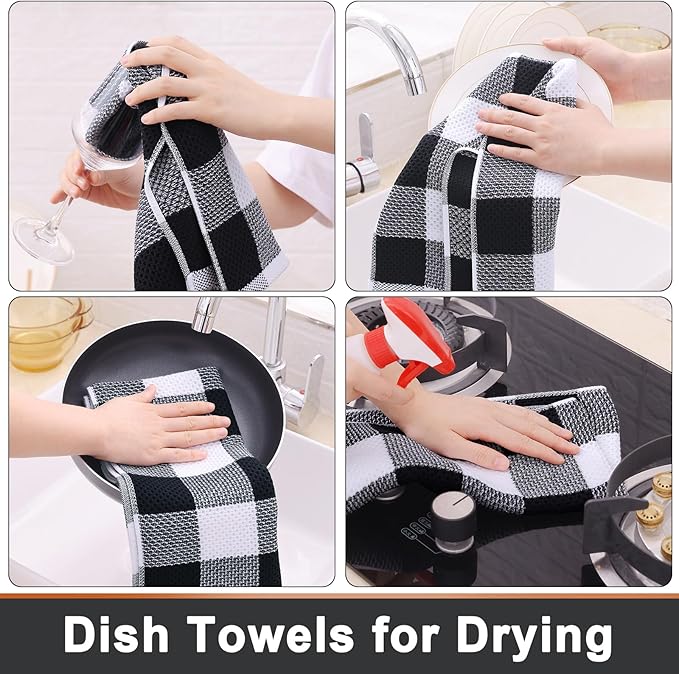 Mordimy Kitchen Towels and Dish Cloths Set, 28 X 13 Inch and 12 X 12 Inch, Set of 8 Soft and Super Absorbent Dish Towels for Drying Dishes, Black & White