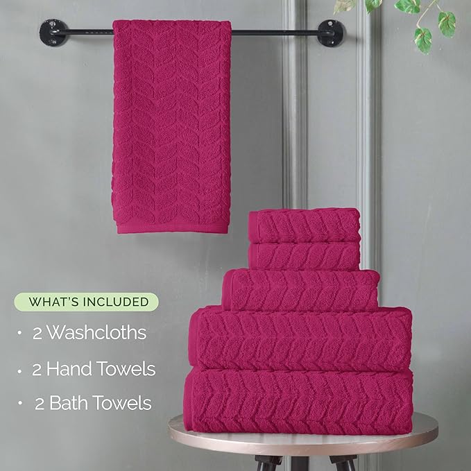 Elegant Comfort Luxury 6-Piece 100% Turkish Cotton Jacquard Braided Textured Premium Hotel Quality Towel Set– Soft and Absorbent, Includes 2 Bath Towels, 2 Hand Towels and 2 Washcloths, Hot Pink