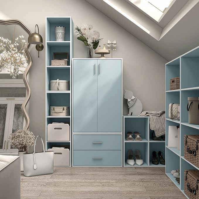 Homes: Inside + Out Apexa 3-Tier Stackable Wood Bookcase with Doors, Cube Storage Organizer Shelves, Small Food Pantry Cabinet, Dorm Teen Room Decor & Bedroom, Home Office, Kitchen, Light Blue