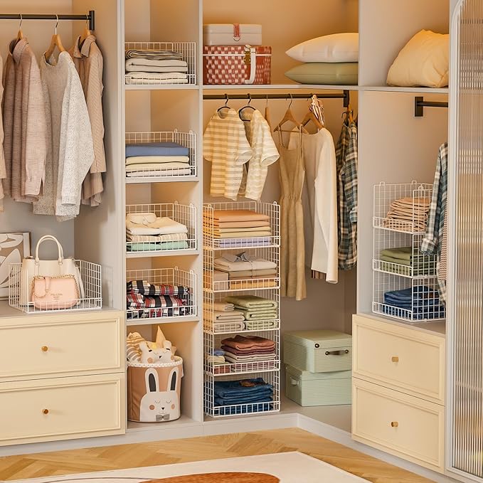 Yociyoga 5-Tier Stackable Closet Organizers and Storage Basket - Foldable Closet Shelf Organizer System, Space-Saving Clothes Storage Bins Drawer Organizer for Wardrobe, White (Patent Pending)