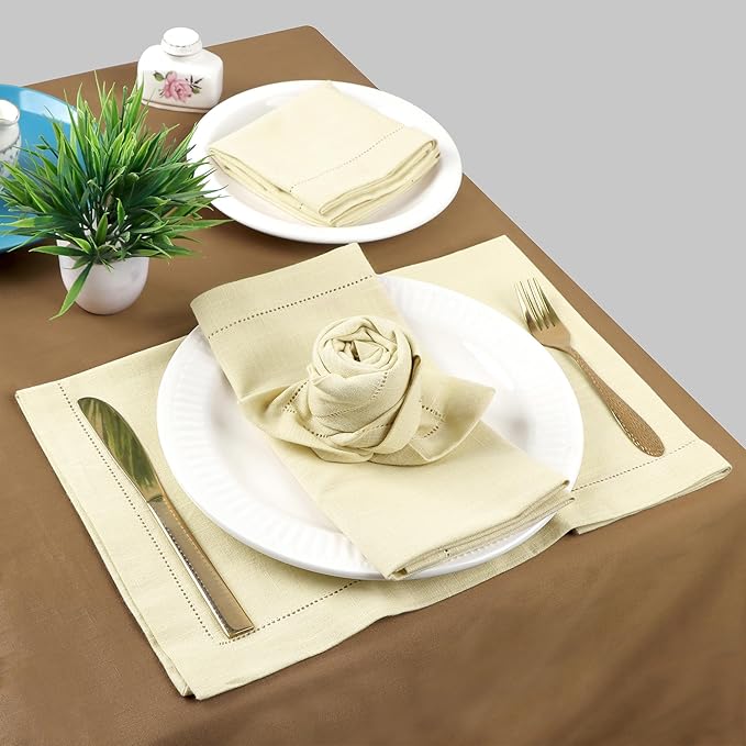 FINGERCRAFT Cloth Napkins, Hemstitched Napkins Cloth, 20 x 20 Inch Generous Picot Hem and Mitered Corner, Everyday Use Premium Quality Perfect for Parties Dinners Weddings Cocktail Set of 6 Beige