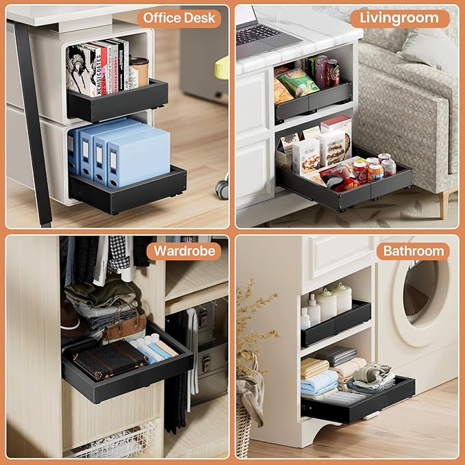 2 Pack Pull out Cabinet Organizer, Width (10"-15") Depth (11"-17"), with 3 Rails Adjustable Slide, Expandable Drawers for Cabinets, No Drill Adhesive Kitchen Drawers for Pantry Shelves black