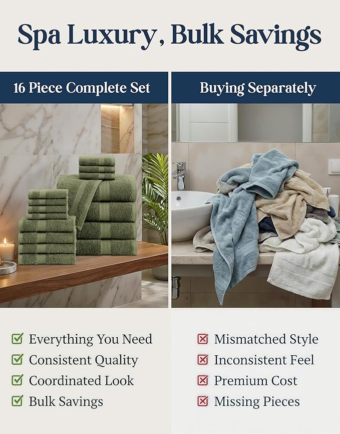 LANE LINEN Luxury Cotton Bath Towel Pack of 16 - Softer, Highly Absorbent & Durable - 4 Bath, 8 Wash cloths, 4 Hand Towels for Bathroom - Premium Look, Spa Quality, Solid Dyed Towels - Oil Green