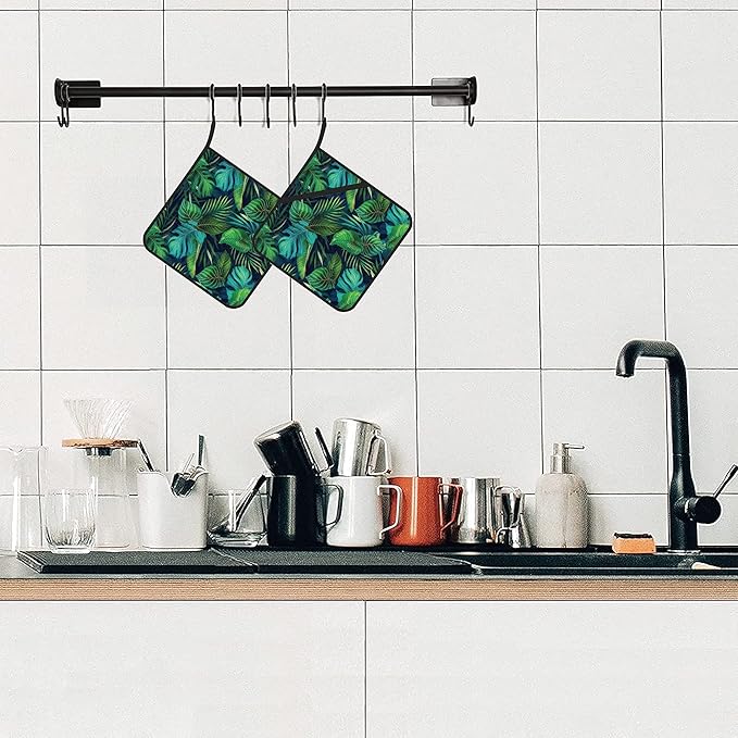 Green Tropical Leaves Pot Holders Set of 2 Kitchen Heat Resistant Potholder for Microwave Cooking Baking Oven End Dishes and BBQ