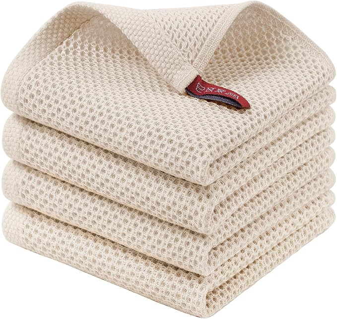 Homaxy 100% Cotton Waffle Weave Kitchen Dish Cloths, 4-Pack Ultra Soft Absorbent Dish Towels, Quick Drying Dish Rags, 12 x 12 Inches, Beige