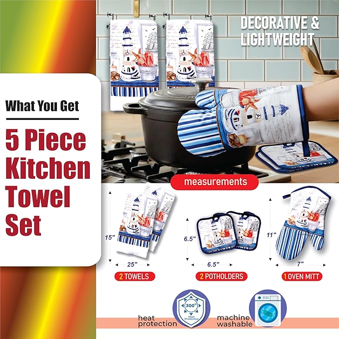 Lobyn Value Packs Nautical Lighthouse 5 Piece Kitchen Towel Set with 2 Decorative Dish Towels (25 X15), 1 Oven Mitt (11 X 7) and 2 Potholders (6.5 X 6.5) Coastal Blue Kitchen Accessories