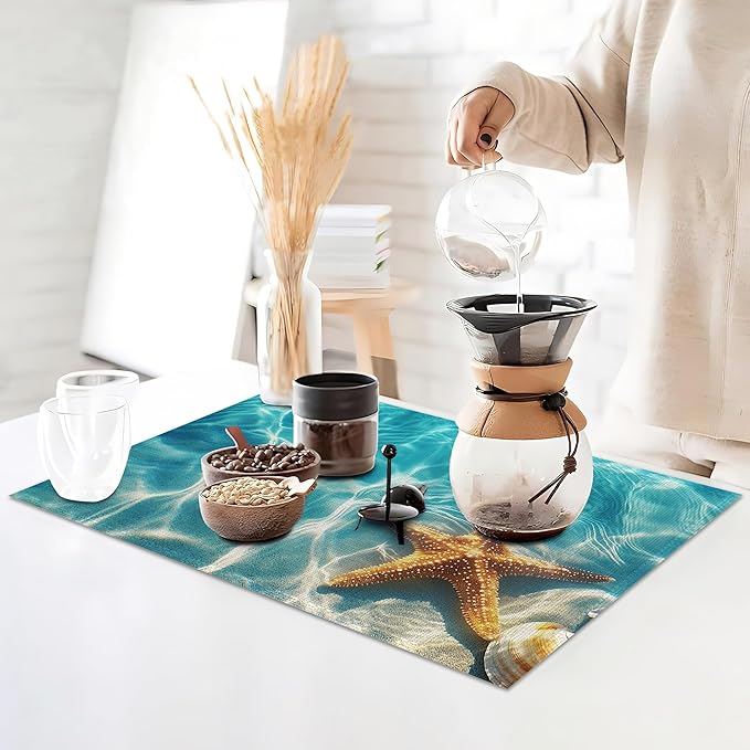 Placemats Set of 6,Starfish Shells Table Mats,Sea Beach Washable Linen Table Mats,Non-Slip Heat Resistant Placemats for Party Kitchen Dining Indoor Outdoor 12"x18"