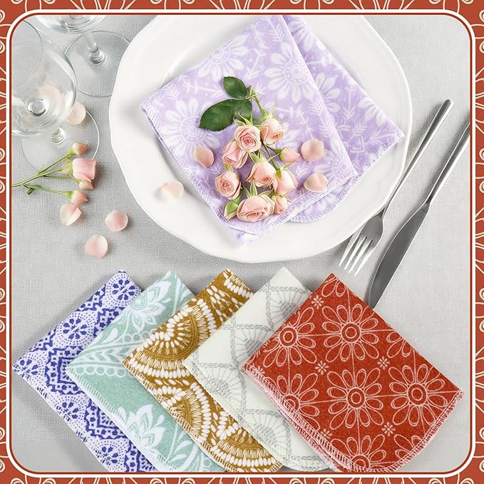 Redbaker 30 Pcs Reusable Paper Towels Rolls Towels Bulk Kitchen Washable Paperless Cloth Cotton Hand Napkins with Cardboard Reusable Napkins for Kitchen Bathroom (Bohemian)