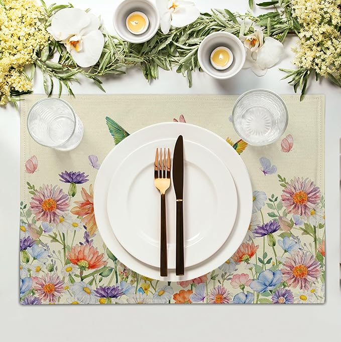 Flowers Bird Spring Summer Placemats Set of 4 Watercolor Floral Hummingbird Butterfly Place Mats 12x18 Inch Wildflowers Grass Seasonal Farmhouse Linen Table Mat for Kitchen Dining Decor