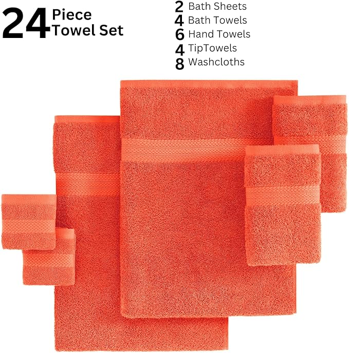 Lane Linen 100% Luxury Cotton Towel Set for Bathroom - 24 PCs - Absorbent, Super Soft & Quick Drying - 4 Bath, 4 Fingertip, 6 Hand Towels, 8 Washcloths, 2 Bath Sheets - Low Twist Towels - Living Coral