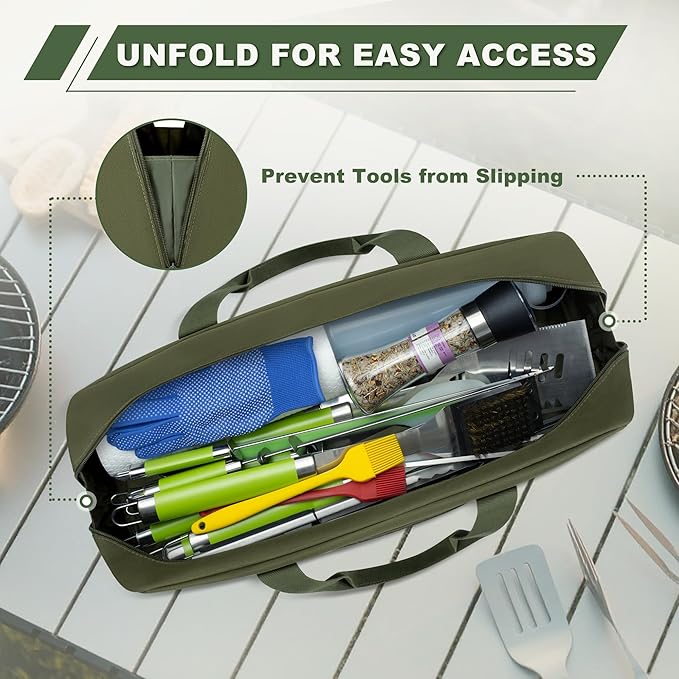 HODRANT Grill Tool Storage Bag, Outdoor BBQ Utensil Holder for Barbecue Tool up to 22", Large Grill Utensil Storage Caddy with Pockets, BBQ Accessories Case Container for Camping, Bag Only, Green