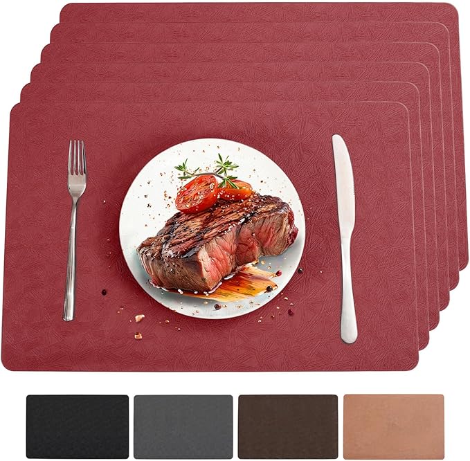 Vinyl Placemats Set of 6 Heat Resistant Easy Clean Non-Slip Place Mats for Dining Table Faux Leather Waterproof Stain Resistant Wipeable Washable PVC Table Mats(6, Red)