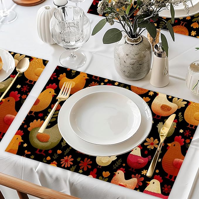 Cute Roosters Table Mats Set of 6,Chickens Non-Slip Washable Placemats for Restaurant Home Kitchen Dinner Table 12x18Inch