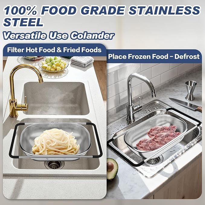 Over the Sink Colander, Expandable Strainers and Colanders with Fine Mesh, Colander for Kitchen with Rubber Grip for Draining Pasta, Vegetables and Fruits - Essential Kitchen Sink Strainer