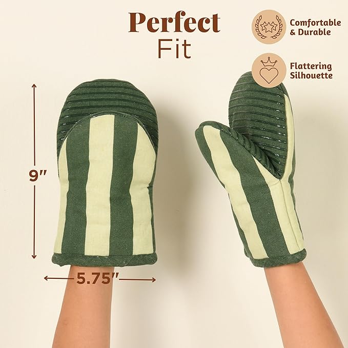 Folkulture Oven Mitts - Set of 2 (5.75"x9") | Oven Mitts with Hanging Loop for Cooking Gifts for Women, Kitchen Decor| 100% Cotton, Silicone Heat Resistant Mini Mitts - House Warming Gifts (Matcha)
