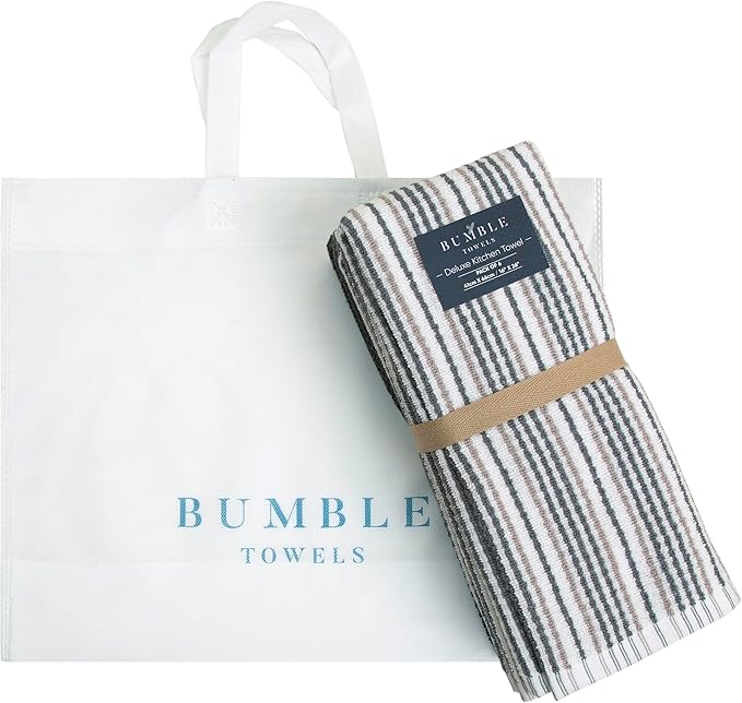 Kitchen Towels 16”x 26” - 6 Pack | Large Cotton Dish Towels | Popcorn Stripe Design | 430 GSM Highly Absorbent with Hanging Loop | Gray