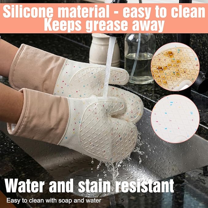 7 Pcs Kitchen Oven Mitts and Pot Holders Sets, Silicone Oven Mittens Potholders Heat Resistant 500°F Cotton Lining Non-Slip Cute Mitts with Hook Up & Oil Brush for Kitchens Cooking Baking BBQ (Cream)