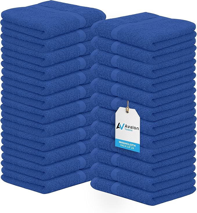 Avalon Towels Cotton Washcloths 24-Pack – 12 x 12 Inch Blue Super Soft & Absorbent Ring-Spun Cotton Wash Cloths for Face, Bath, Spa, Gym, Hotel & Cleaning
