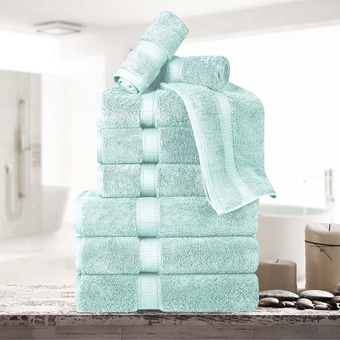 Superior Egyptian Cotton Pile 9 Piece Towel Set, Includes 3 Bath, 3 Hand, 3 Face Towels/Washcloths, Ultra Soft Luxury Towels, Thick Plush Essentials, Guest Bath, Spa, Hotel Bathroom, Sea Foam