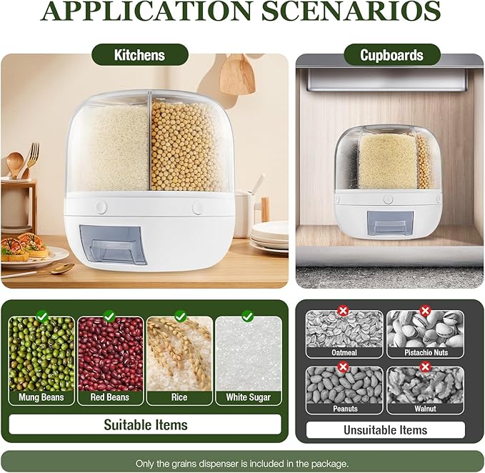 Rice Dispenser, 6 Grid 360° Rotating Rice Container Cereal Holder with Lid & Measuring Cup, Grain Storage Organizer for Kitchen Countertop Dry Food, White, 6kg/13lbs