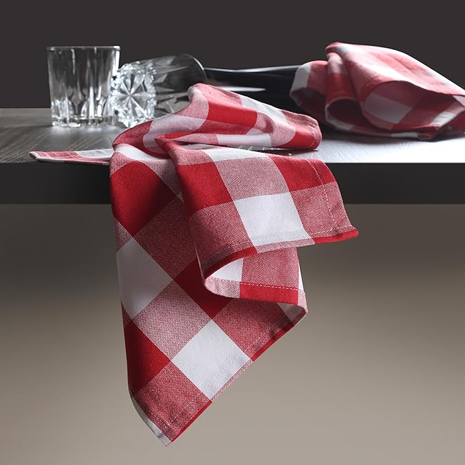 Native Fab Red Buffalo Check Cloth Napkins, Set of 4, 16"x16", Plaid Checkered Pattern, 100% Cotton, Soft, Absorbent, Reusable Table Napkins for Dinner, Wedding, Lunch, Cocktail, Everyday Use - Red