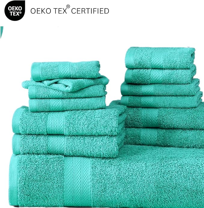 LANE LINEN 24 PCs 100% Cotton Bath Towels Set - Quick Dry, Ultra Soft & Ultra Absorbent - 4 Bath, 4 Fingertip, 6 Hand Towels, 8 Washcloths, 2 Bath Sheets - Home & Guest Bathroom Towels - Teal