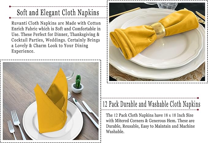 Ruvanti Cloth Napkins Set of 4, 18x18 Inches Napkins Cloth Washable, Soft, Durable, Absorbent, Cotton Blend. Table Dinner Napkins Cloth for Hotel, Lunch, Restaurant, Wedding Parties - Mustard