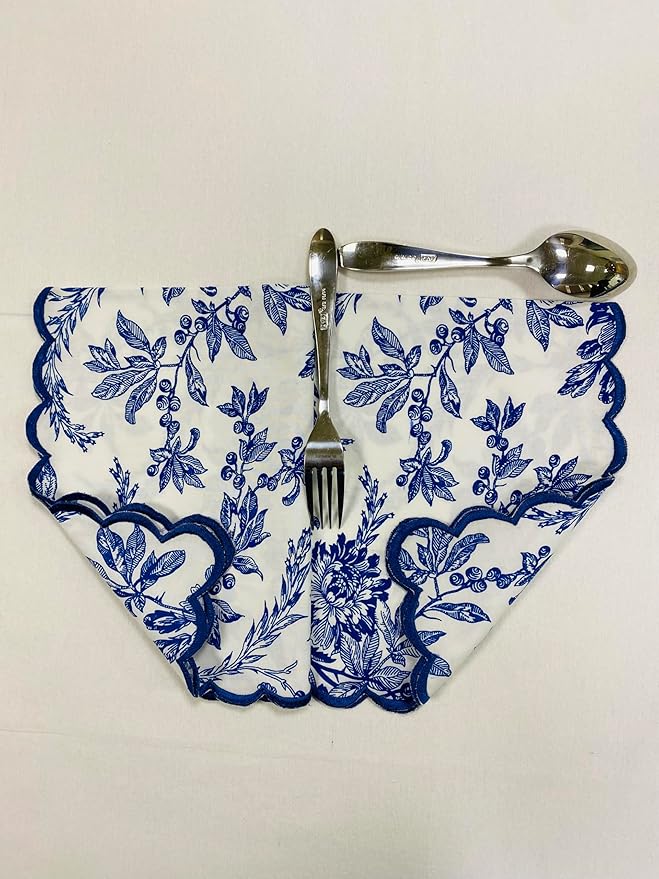 Ridhi Hand Block Print Incremental Blue 18" x 18" (Set of 4) Embroidery Table Napkins Reusable Cotton Dinner Napkins for Weddings, Parties, Everyday Dining Gift for Spring, Easter, Valentine