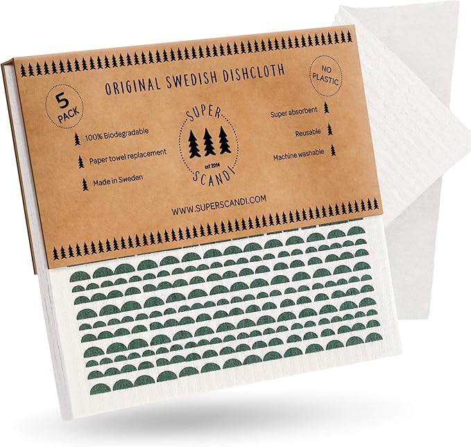 SUPERSCANDI 5 Pack Swedish Dishcloths for Kitchen - 100% Biodegradable & Compostable Reusable Paper Towels Washable, Food-Safe & Without Plastic - Dish Rags Suitable for Any Surface, Moon Green