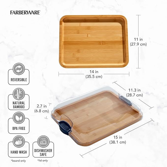 FARBERWARE Build-A-Board Bamboo Cutting Board with Built-in Compartments, Clear Locking Lid & Navy Handles, Ideal for Charcuterie, Snacks & Prep