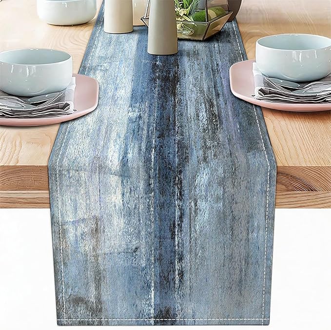 Niviy Dark Blue Wood Grain Linen Table Runner, 12x72 Inch Washable Table Runners Easy to Clean Kitchen Table Decor for Holiday Party Kitchen Dining Table Decoration