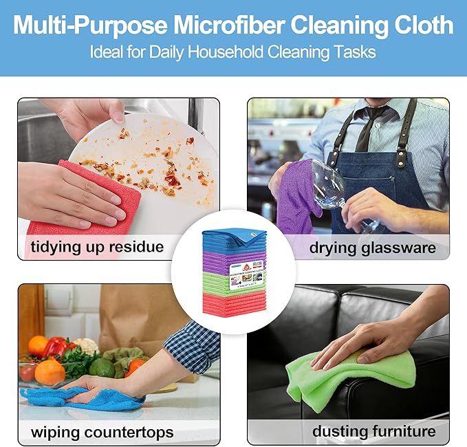 Microfiber Cleaning Cloth, 24 Pack Cleaning Rags,12" X 11" Lint Free Dish Towels Wash Cloths, Reusable Microfiber Towels for Home and Kitchen Bathroom Apartment Cleaning Supplies, Assorted